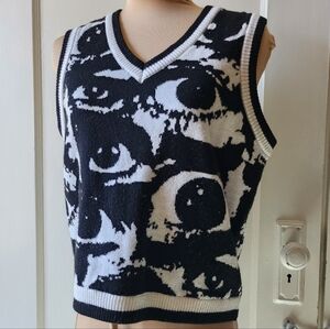 Social Collision Eye-Print Black and White V-Neck Sweater Vest